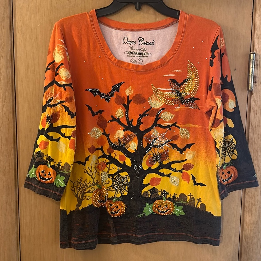 Onque Casuals Women’s Halloween Tree Pumpkin Rhinestone Tee Orange Size Medium